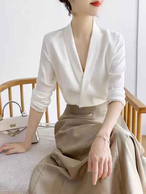 Renata - Elegant V-Neck Satin Blouse - Perfect for Day or Night Wear