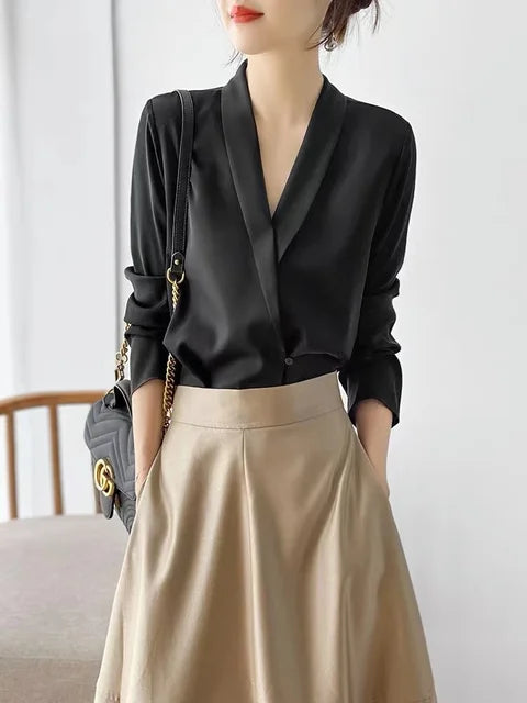 Renata - Elegant V-Neck Satin Blouse - Perfect for Day or Night Wear
