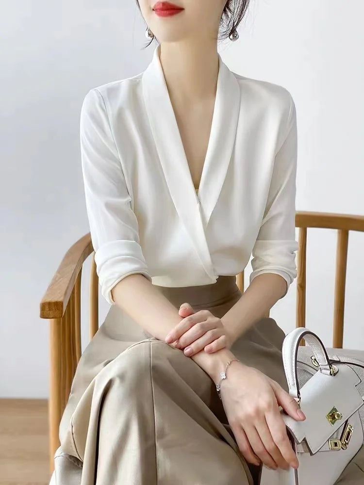Renata - Elegant V-Neck Satin Blouse - Perfect for Day or Night Wear