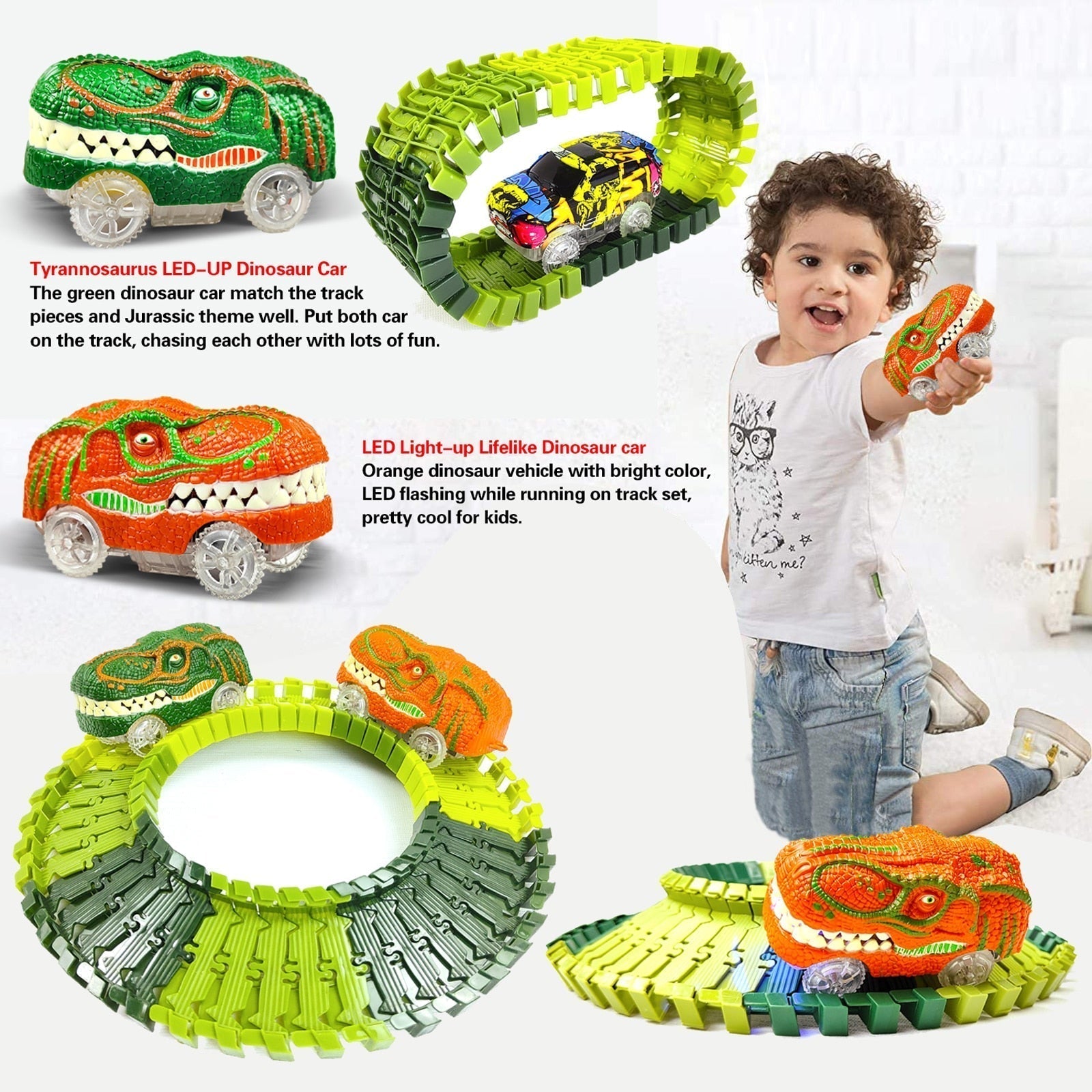 DinoTrack - Flexible Railway Race Track with LED Lights - Fun Educational DIY Dino Adventure